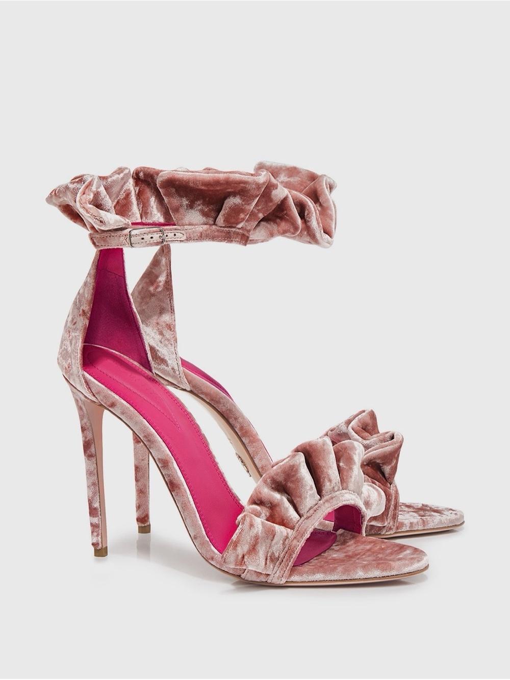 Oscar Tiye Pink Velvet Ruffle Ankle-Strap High Heels